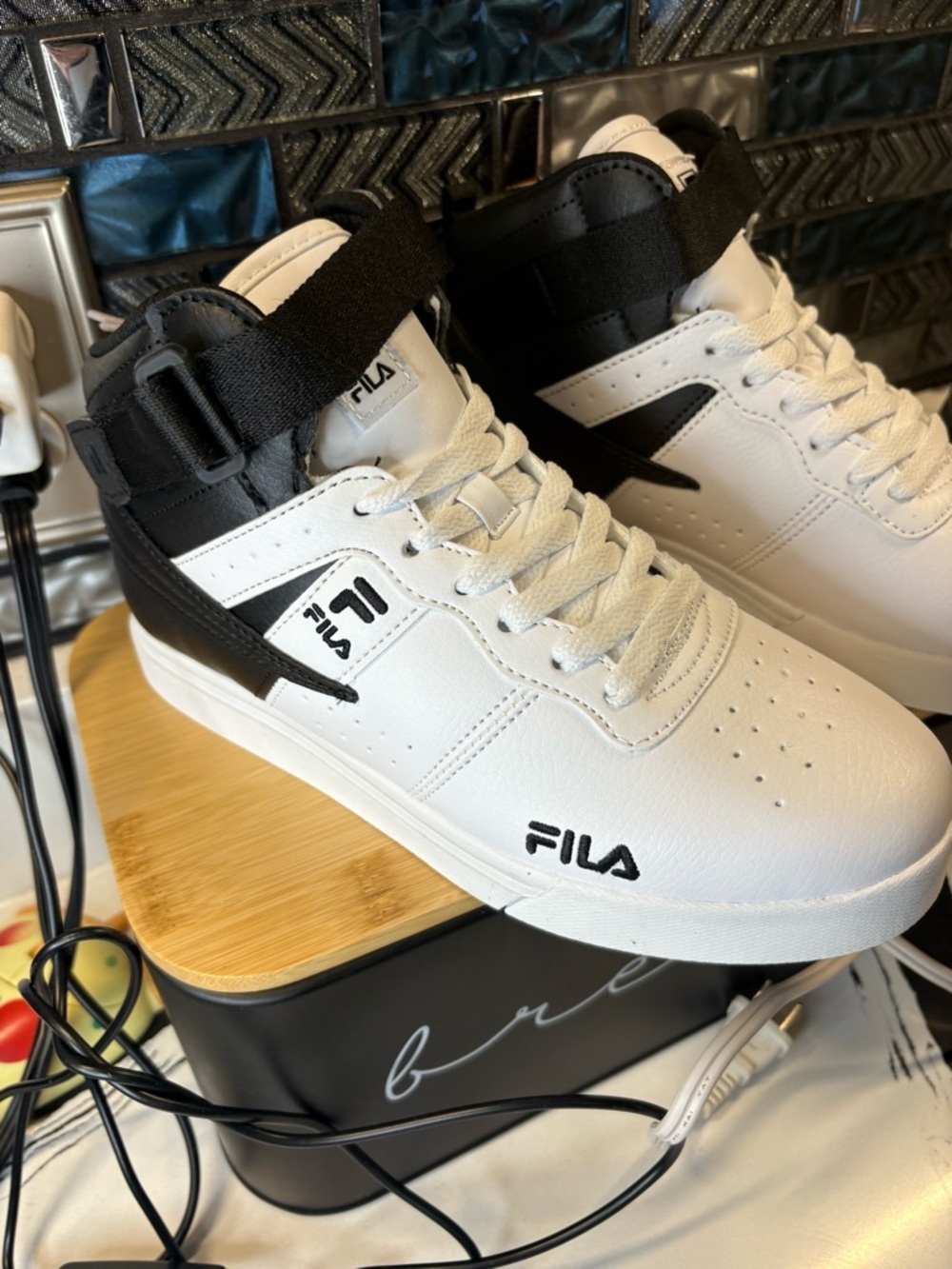 Fila Kids White and Black High-Top Sneakers with Ankle Strap